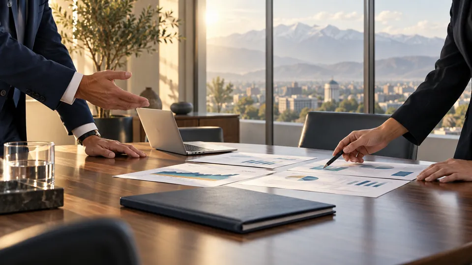 Illustration: discussing a business plan and financial information.